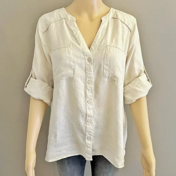 Harve Benard 100% Linen Minimalist Casual Relaxed Fit Button  Down Shirt Blouse. - Picture 5 of 14